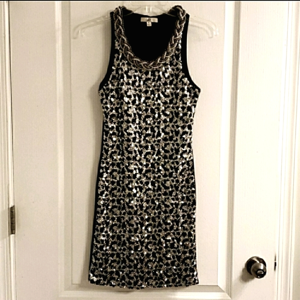 Ya Los Angeles Black Silver Sequin Bodycon Dress S EUC